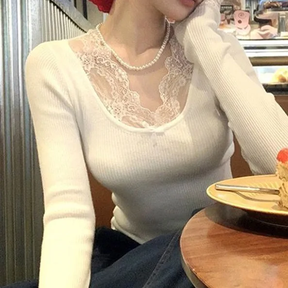 Luxury U Neck Lace Lace Knitted Sweater Women's Autumn Winter Large Size Fat MM Temperament Interior Bottom Top