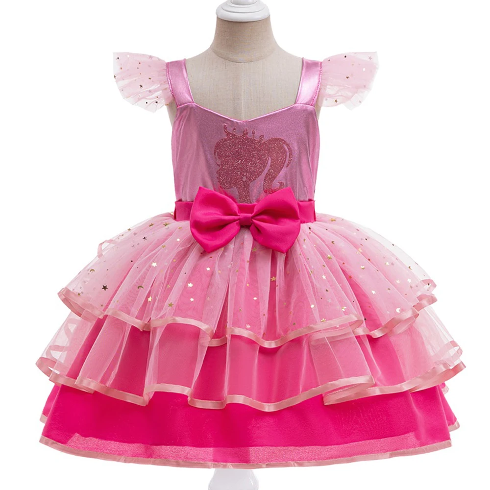 Elegante Party Hochzeit Mädchen Kleid Elegante Schleife Layered Geburtstag Kleider für Mädchen Hot Pink Sommer Kinder Weihnachten Prom Kostüm