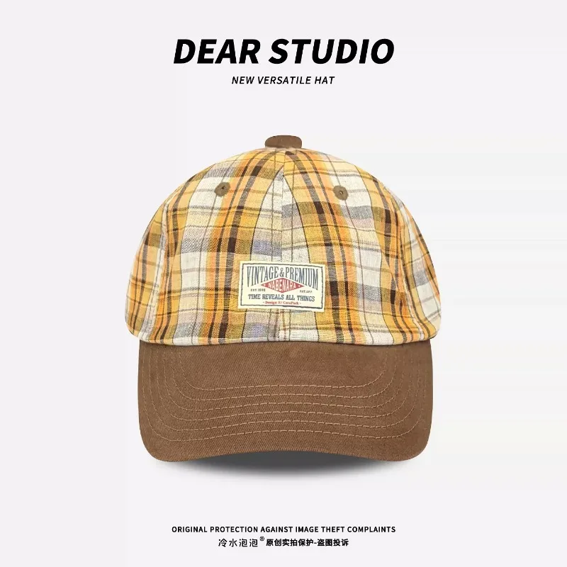 Retro Color Matching Plaid Baseball Caps for Women Summer Autumn Travel Sunscreen Versatile Simple Patch Tooling Style Men's Hat