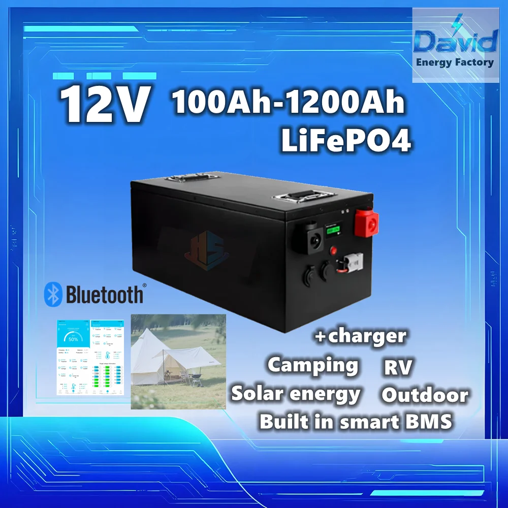David Energy Factory 12V 100Ah-1200Ah Rechargeable LiFePO4 Battery for Off-Grid UPS Solar System Inverter RV+charger