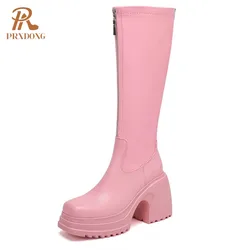 PRXDONG Women's 2024 New Fashion Knee High Boots Shoes Top Qulaity Chunky High Heels Platform Black Pink White Casual Lady 34-39