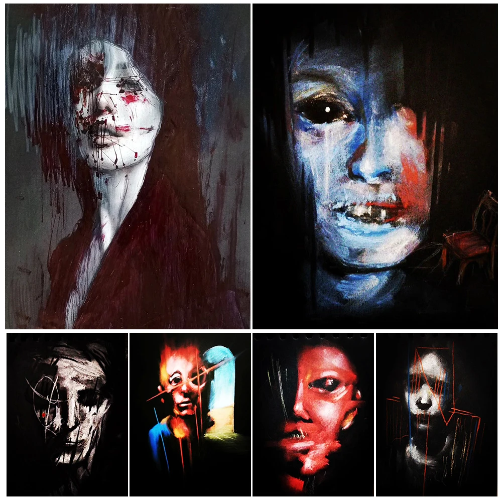 Weird And Twisted Horror Portraits,Vintage Wall Art Canvas Painting Creepy Demonic Gothic Art Poster And Print Home Decoration