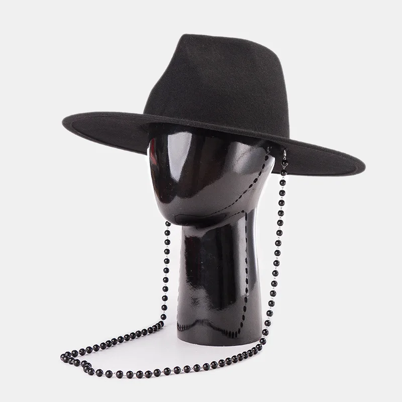 Fashionable Casual Style Wool Felt Hat with Beaded Chain, Warm Wool Felt Hat with Unique Shape