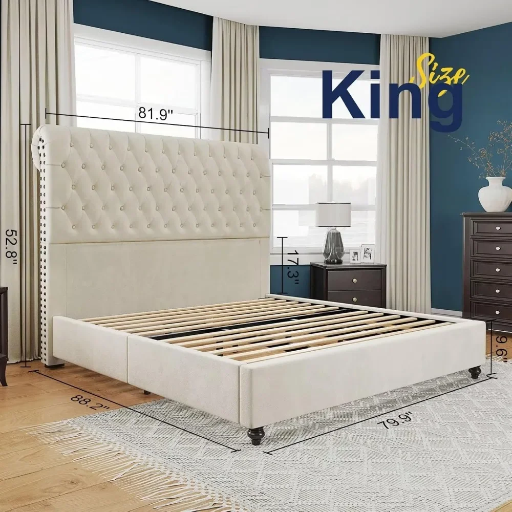 Bed Frame King Velvet Tufted Sleigh Headboard