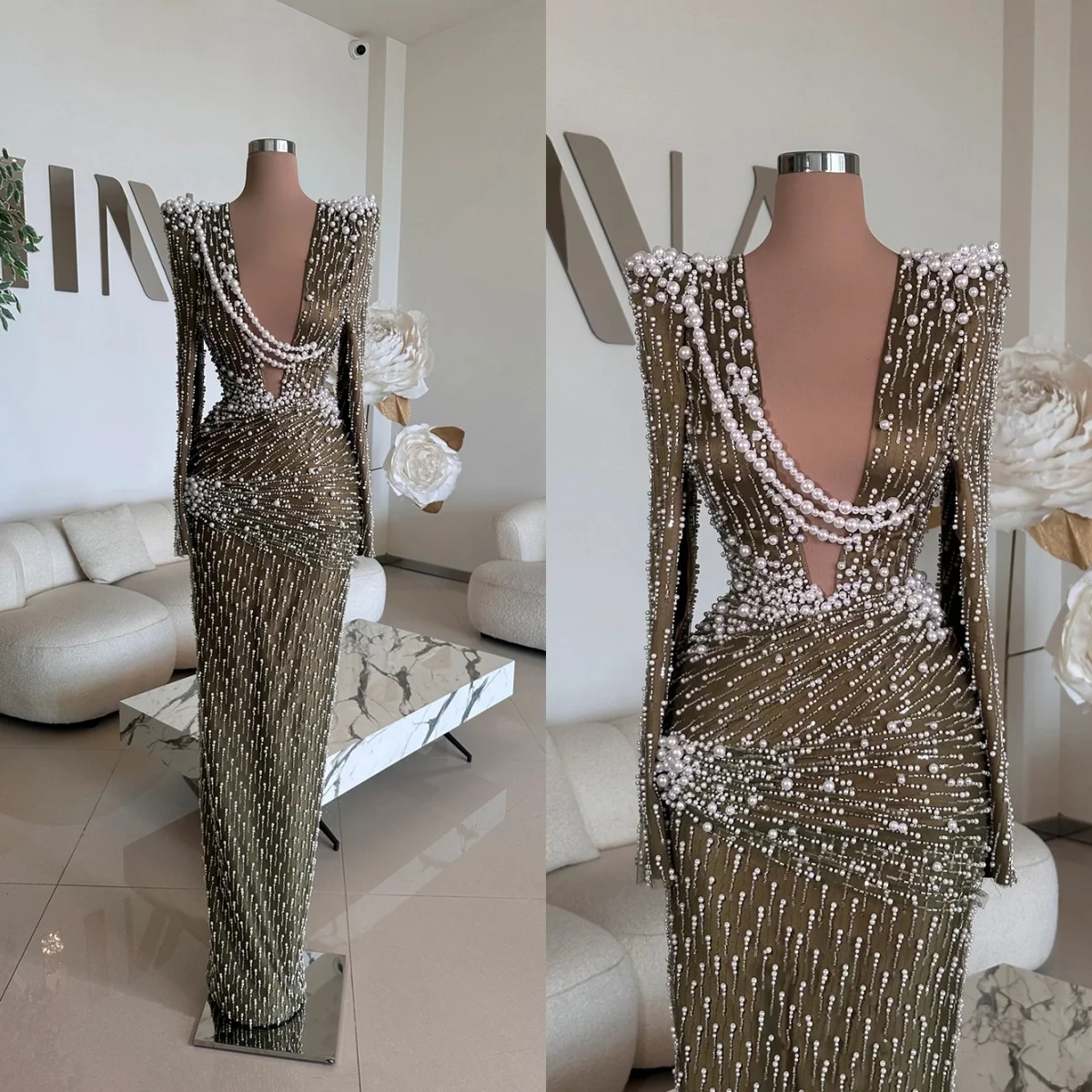 فساتين سهرة رشيقة لؤلؤية عميقة على شكل حرف V ترتر فساتين حفلات مطرزة بأكمام طويلة الأميرة مخصصة فيستدوس دي نوش #1