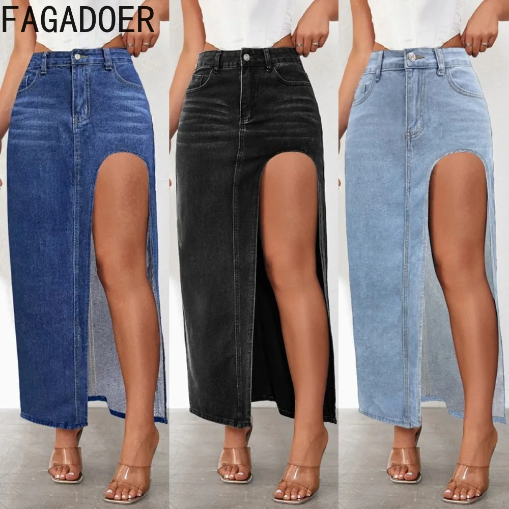 FAGADOER Fashion Denim Skinny High Slit Skirts Women High Waisted Button Slim Bottoms Spring New Female Solid Color Cowboy Skirt