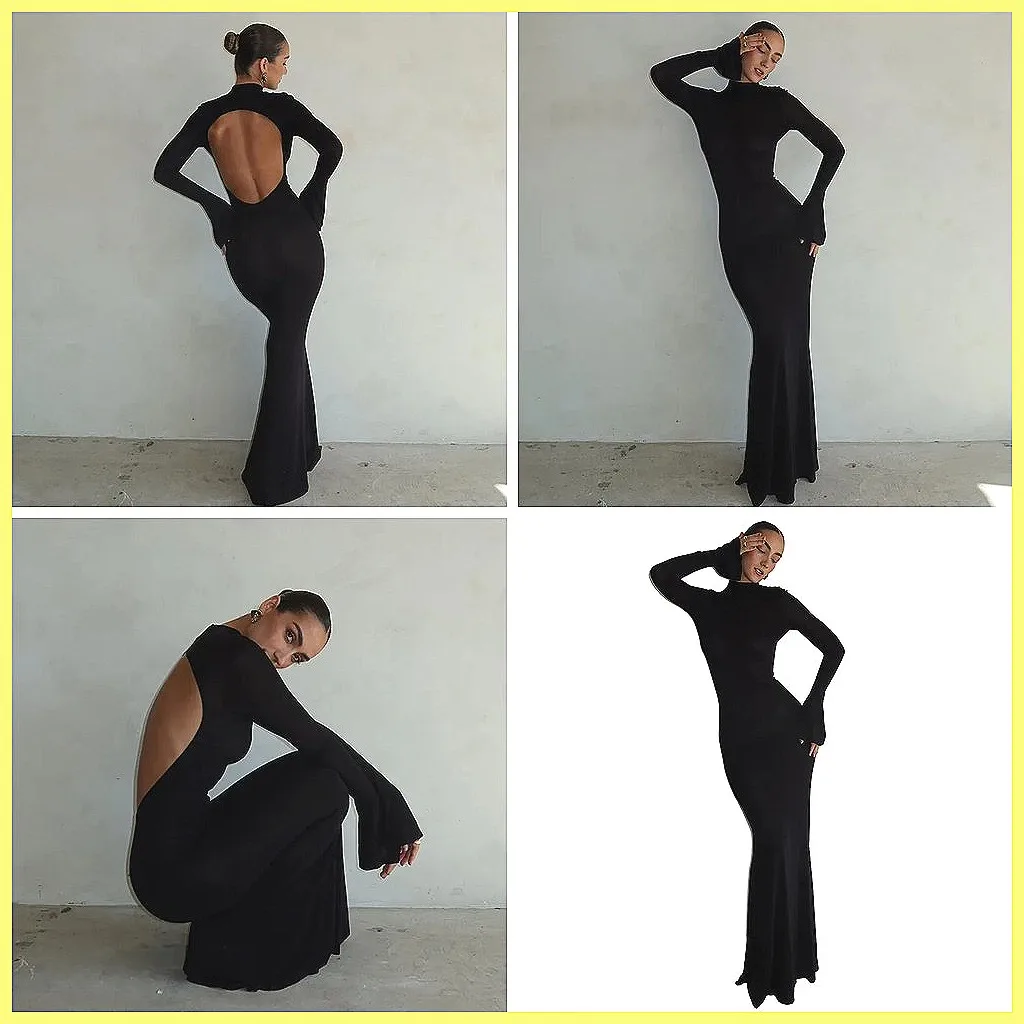 

Black Backless Maxi Dress 2025, Elegant Hollow Out Long Sleeve Turtleneck Slit Party Dress for Women