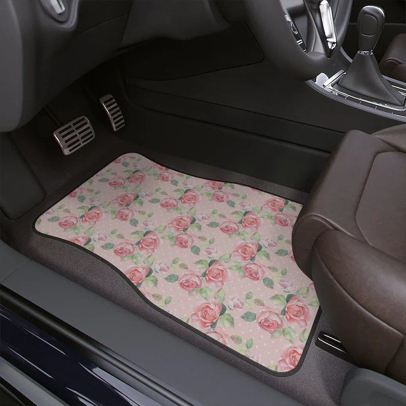 Pink Floral Roses Feminine Car Floor Mats, 1pc Car Accessories For her