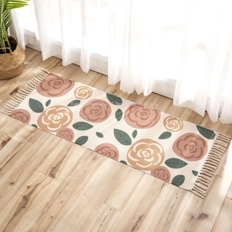 Cross-border ethnic wind fringed floor mat Nordic cotton and linen carpet doormat, bedroom bedside floor mat
