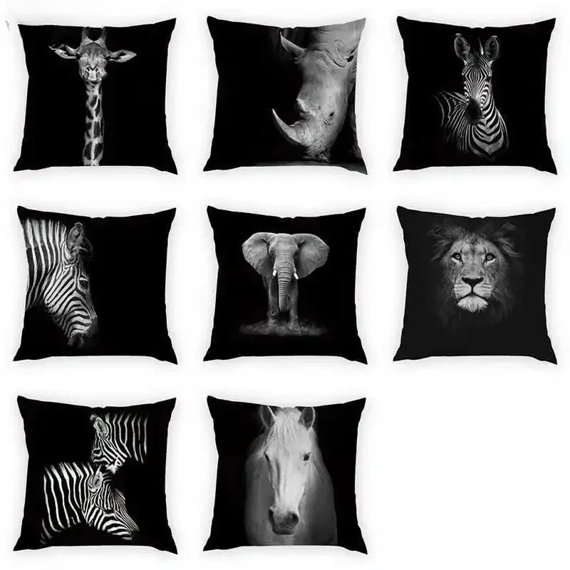 Black and White Animal Photos Double-sided Printed pillow cover Short plush Suitable living rooms bedrooms throw cushion cover