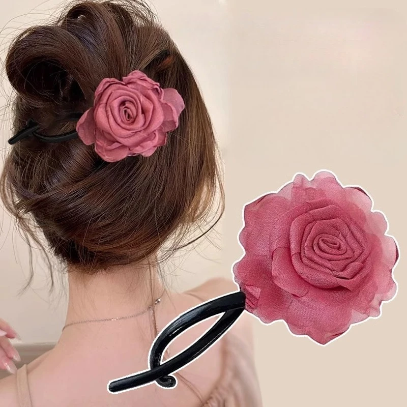 

Сетчатая ткань, зажим с цветком розы, корейская мода, универсальный зажим для женщин и девочек, зажим для хвоста на затылке, аксессуары для укладки волос