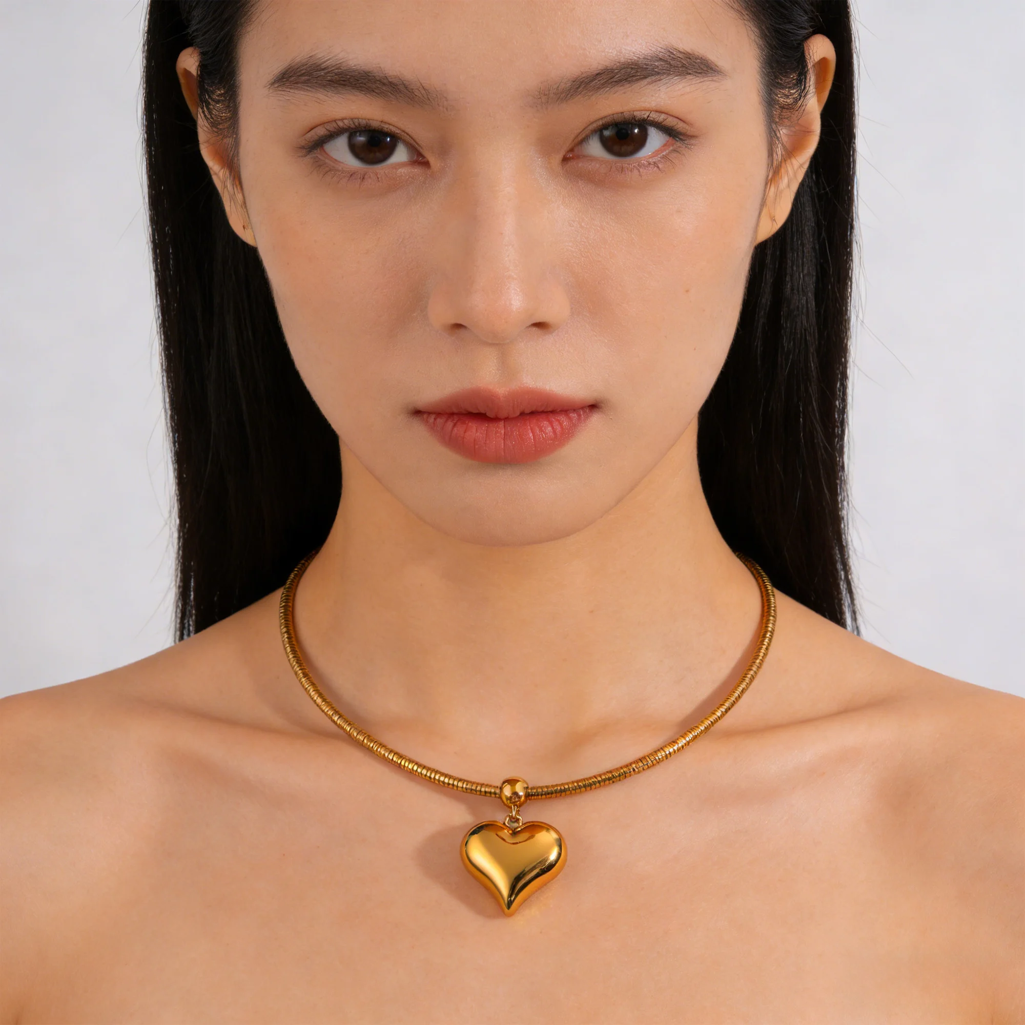 Stainless Steel Puffed Heart Choker Necklace For Women 18K Golden Plated Chain Waterproof Love Heart Jewelry Gift Accessories