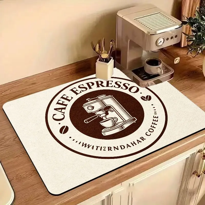 Vintage Cafe Espresso Coffee Drying Mat, Retro Coffee Machine Stamp Print Absorbent Dish Drainer Pad, Non Slip Quick Dry Counter