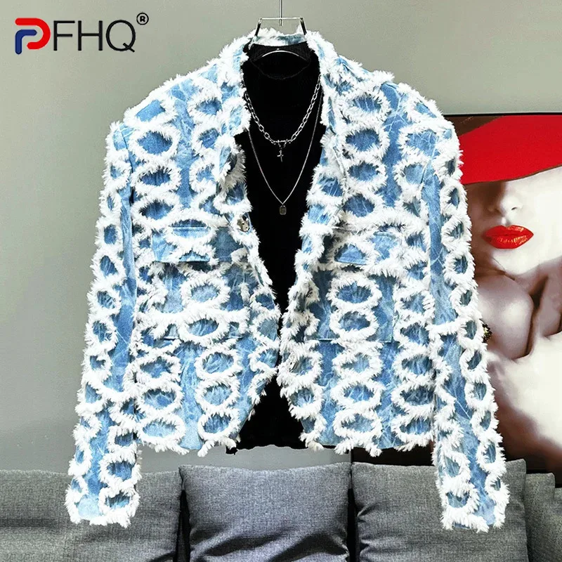 PFHQ Men's Denim Jacket Street Design Autumn Winter Shoulder Pads Short Coat 2024 Contrast Color Turn-down Collar Tops 21Z7718