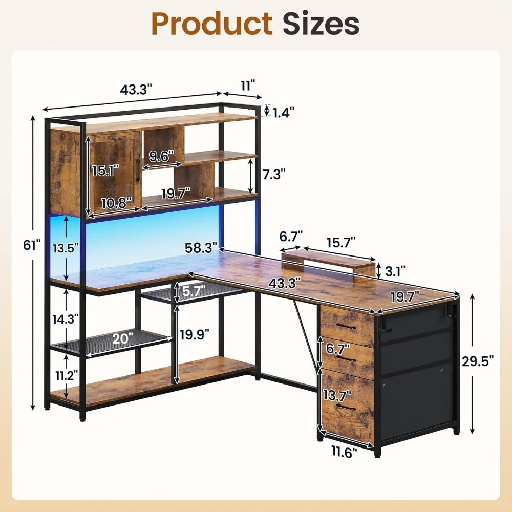 Mesa de computador em forma de L, mesa de escritório de 58 '' com 3 gavetas e estante, mesa de canto em forma de L com prateleiras de armazenamento e LED