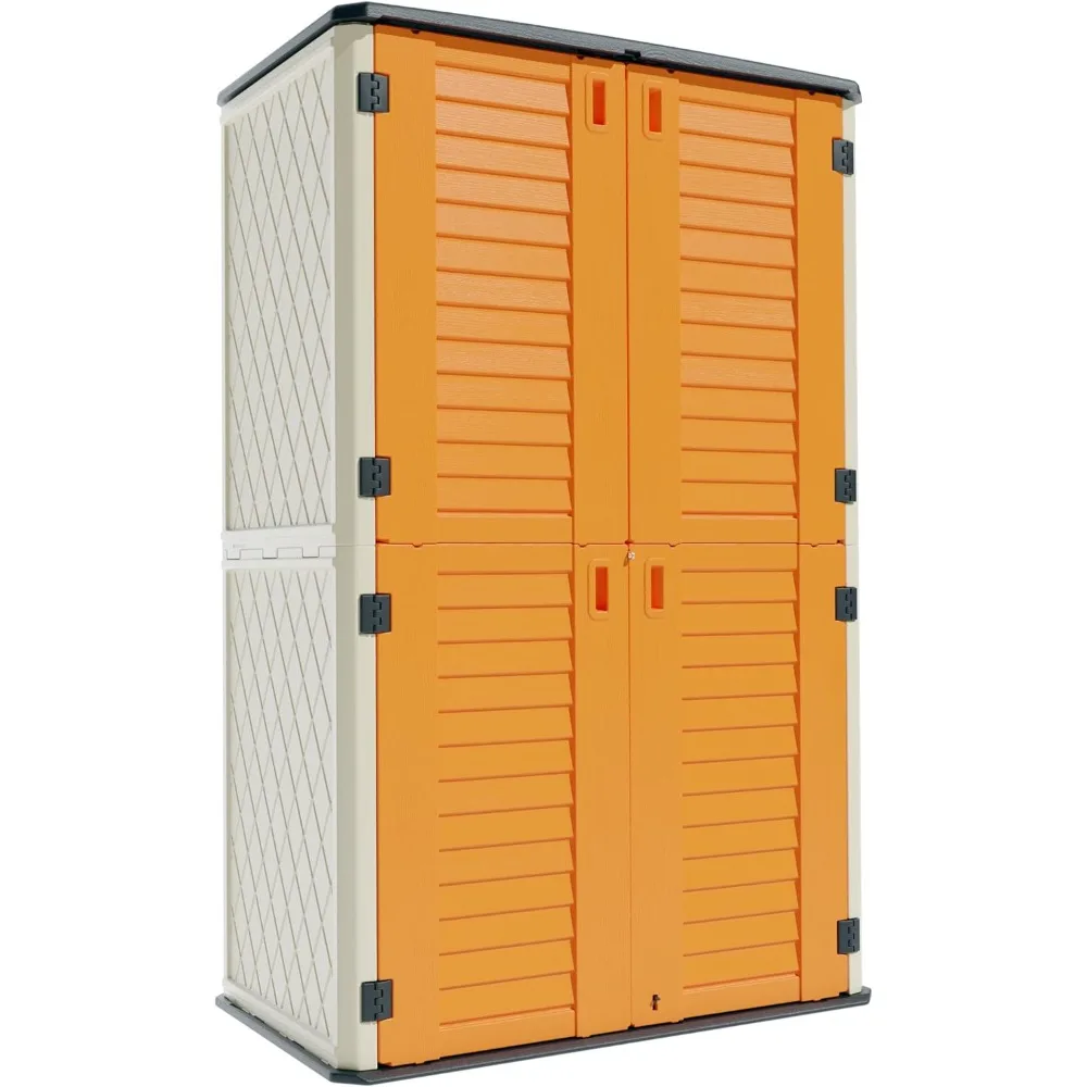 Resin Vertical Storage Shed Lockable, 66 Cubic Feet Outdoor Storage Box for Garden/Backyard/Home/Pool,(Orange-Off White)