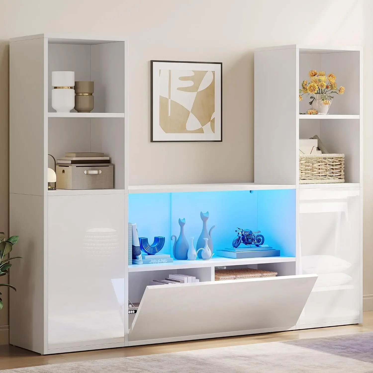 Castle Bookcase with Storage & Adjustable LED Lights | U-Shaped White Bookshelf with Cabinet, UV High-Gloss Display Unit, Cube