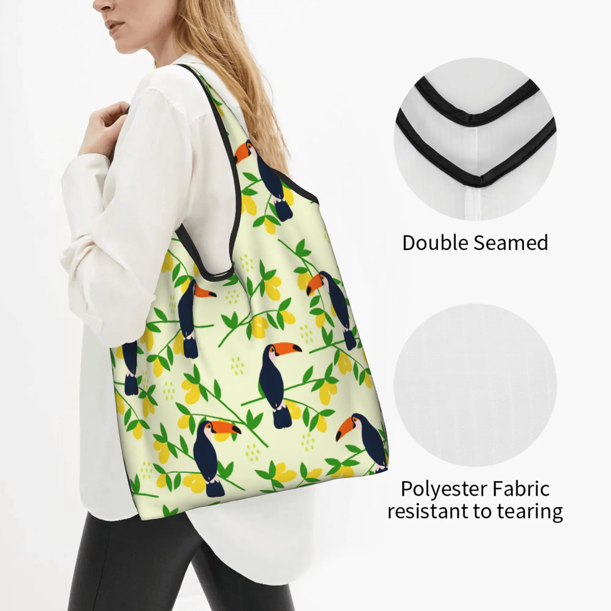 Recycling Tucan Bird Hawaiian Style Shopping Bag Women Tote Bag Portable Tropical Plants And Flowers Groceries Shopper Bags