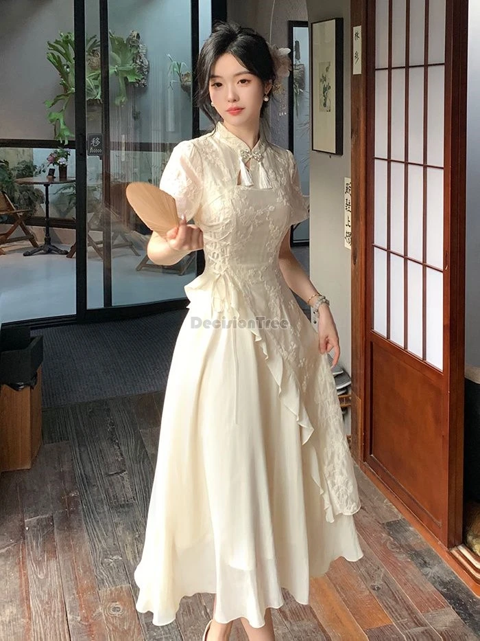 2024 new chinese style improved tassel embroidery cheongsam fashion design sense irregular dress fairy temperament flounce qipao