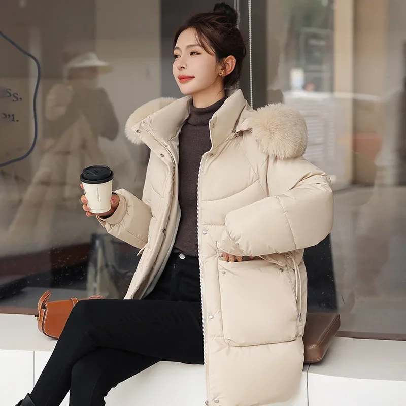 2023 Fur Collar Fashion Winter Women's Cold Coat Hooded Thick Warm Oversize Parkas Korean Style Winter Jacket with Big Pockets