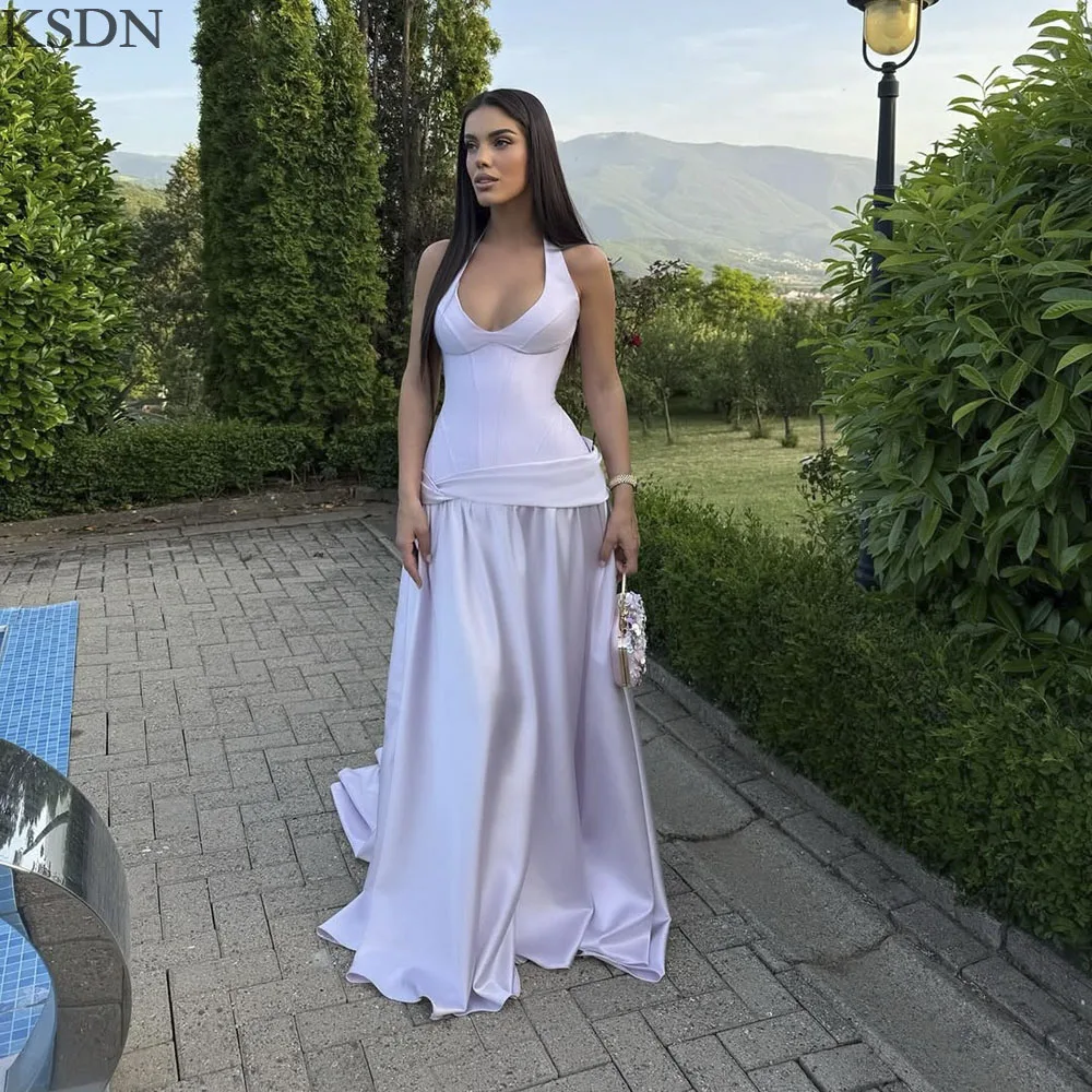

KSDN Halter Evening Dresses Vestidos Customzied Sleeveless Sweep Train Draped Gowns Special Occasion Women Long Dress 2025