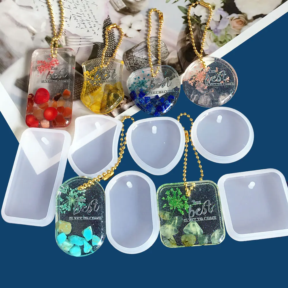 For Fun DIY Keychain Pendant Silicone Mold Crystal Drip Glue Resin Mold Heart-shaped Square Jewelry With Hole Hanging Tag Making