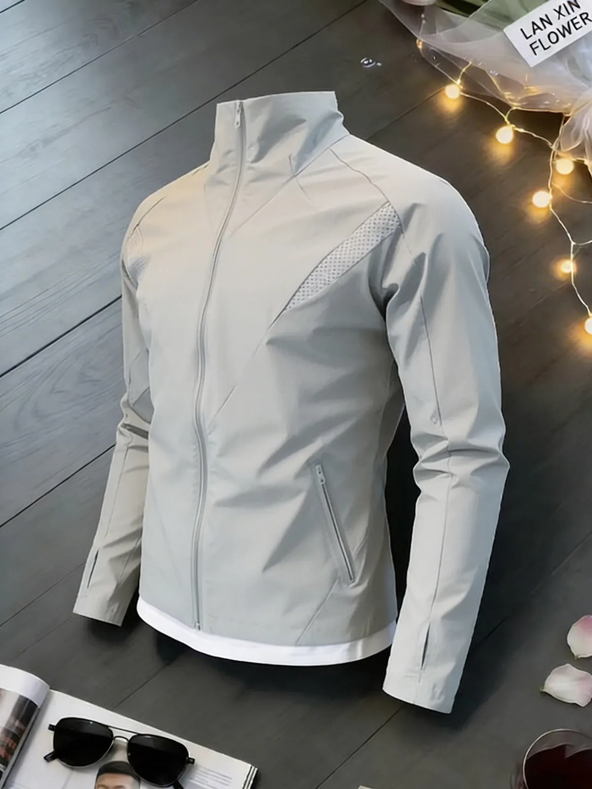 Gray Deconstructed Mesh Breathable Outdoor Sun Protection Clothing Thin Ice Silk Skin Shirt Stand Collar Shoulder Jacket Moto...
