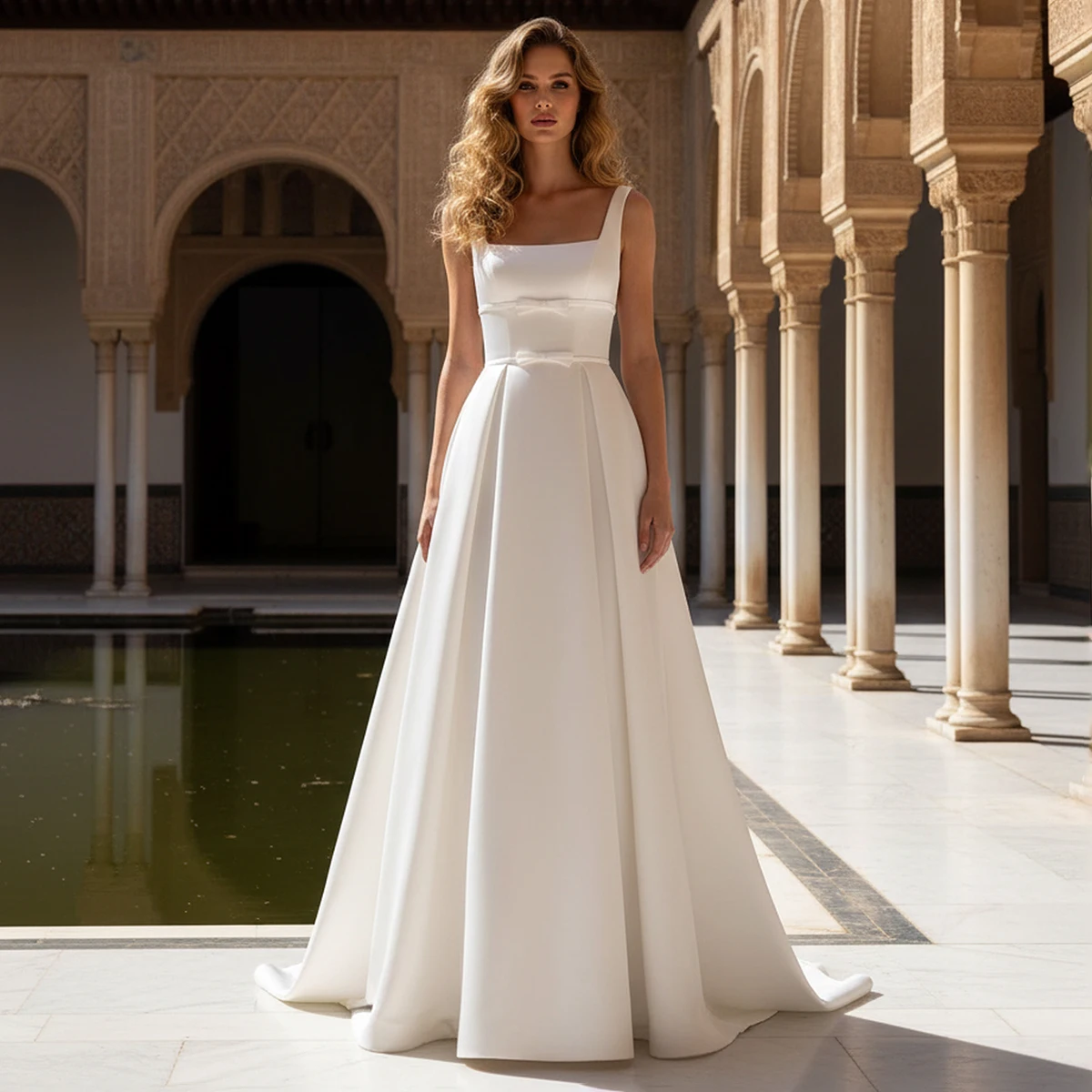 

Elegant Satin Square Collar Wedding Dress For Women A Line Bridal Gown Long Pleated Ball Gown With Train