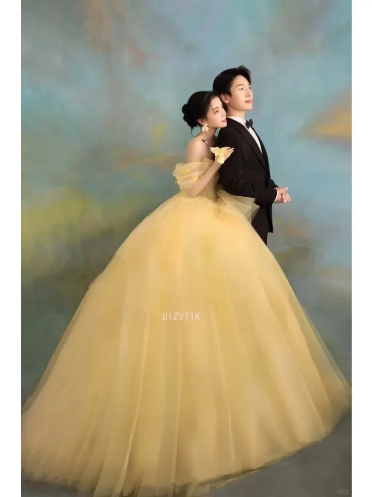 Yellow Simple Wedding Dresses Women Princess Off Shoulder A-Line Floor Length Tulle Korea Photo Shoot Bridal Gown Customized