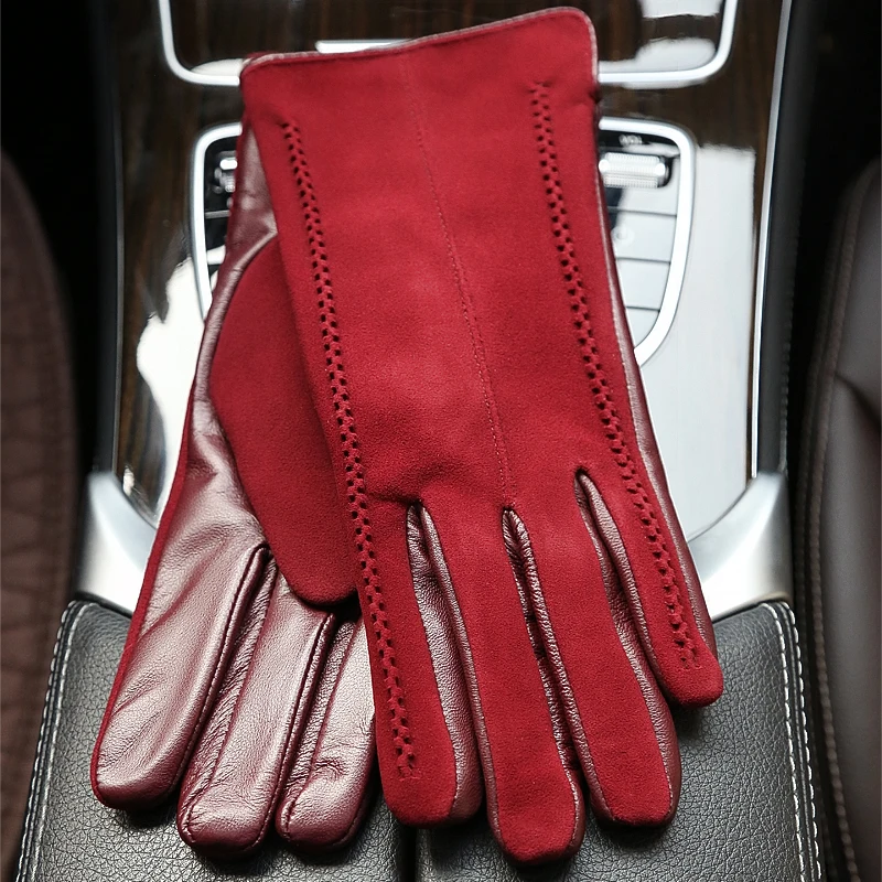 Good quality touch gloves color winter women\'s leather gloves genuine suede 50% genuine leather 50% women\'s gloves -2007