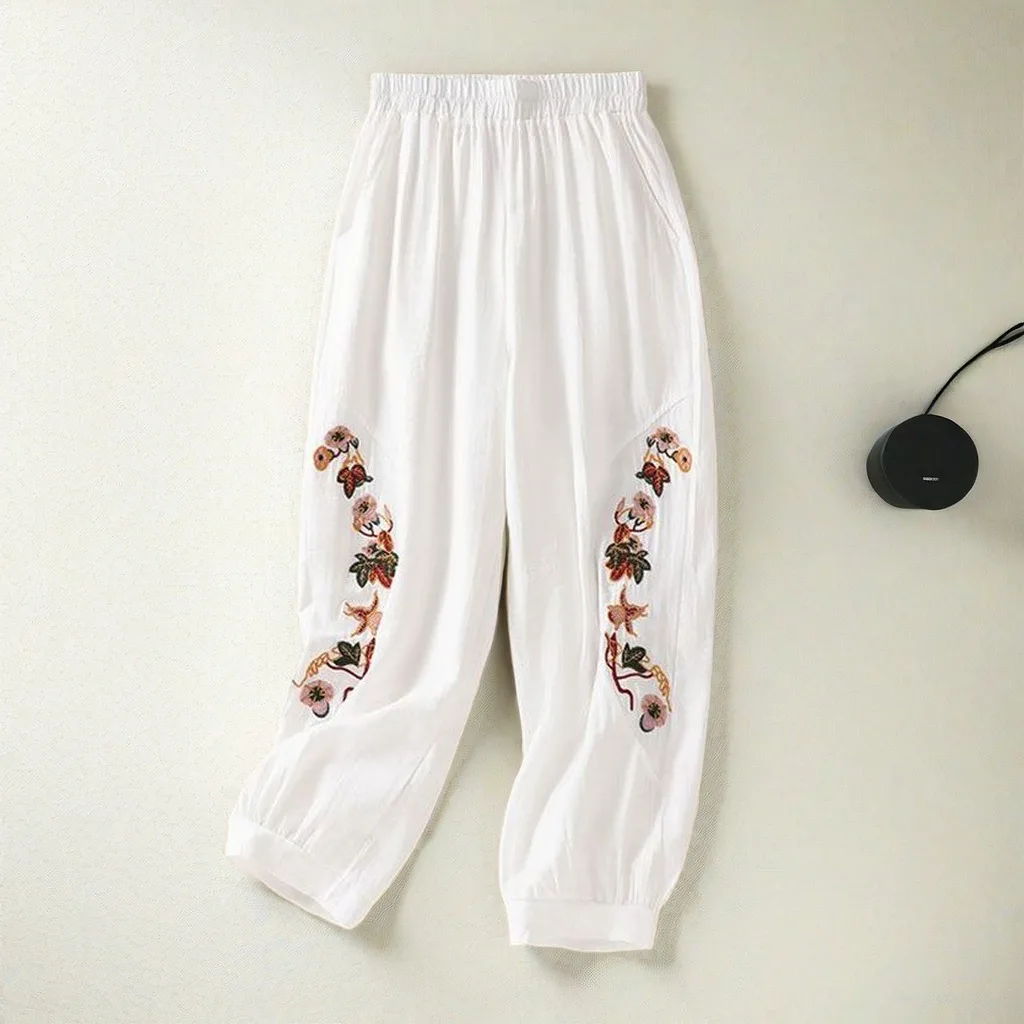 Coffee Embroidery Bloomers Casual Solid Elastic High Waist Loose Women\'s Pants Ankle-Length Pants For Women Clothing Fashion