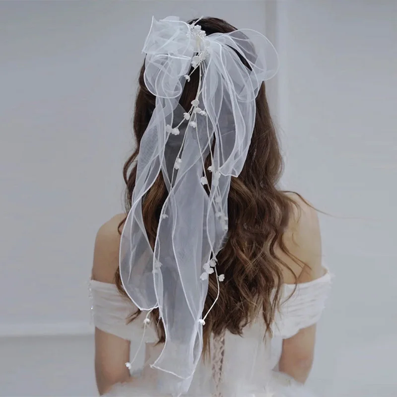 Women Short Veil For Bride Wedding Headdress Flower Bow Tulle Bachelorette Party Veils Engagement Dinner Hair Accessories