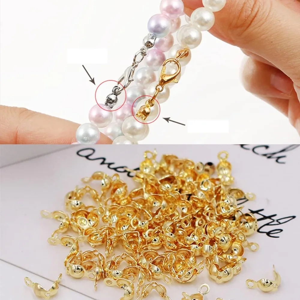 100 Pieces Crimp Beads Calotte Ends Knot Covers for DIY Bracelet Jewelry Making Clamshell Fold-Over Metal Plated Open Bead