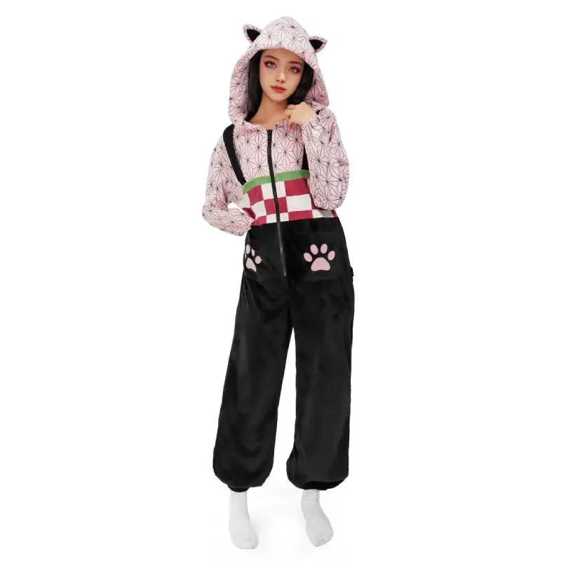 DAZCOS Nezuko Onesie Pajamas Kamado Anime Unique Cat Ears Cosplay Pajamas Onesie Hooded Sleepwear Women's Halloween Costume