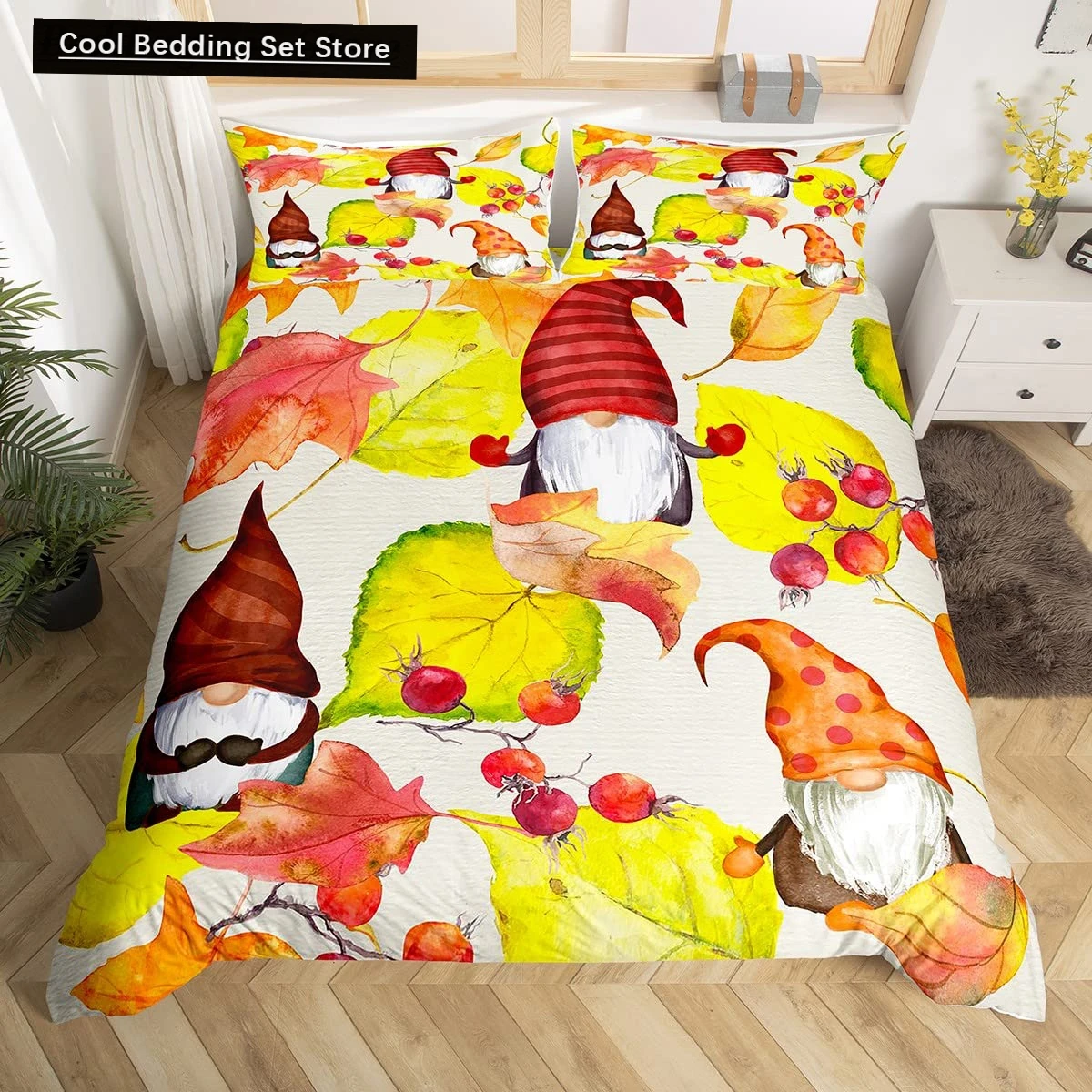 

Autumn Tree Leaf King Queen Bedding Set Cartoon Botanical Duvet Cover Fallen Leaves Quilt Cover 2/3pcs Polyester Comforter Cover