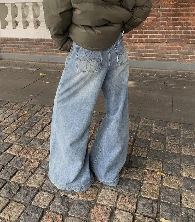 Denim Wide Leg Pants High Waist Loose Fit Women Vintage Jeans Pockets Distressed Trousers  Autumn Casual Floor Length Jean