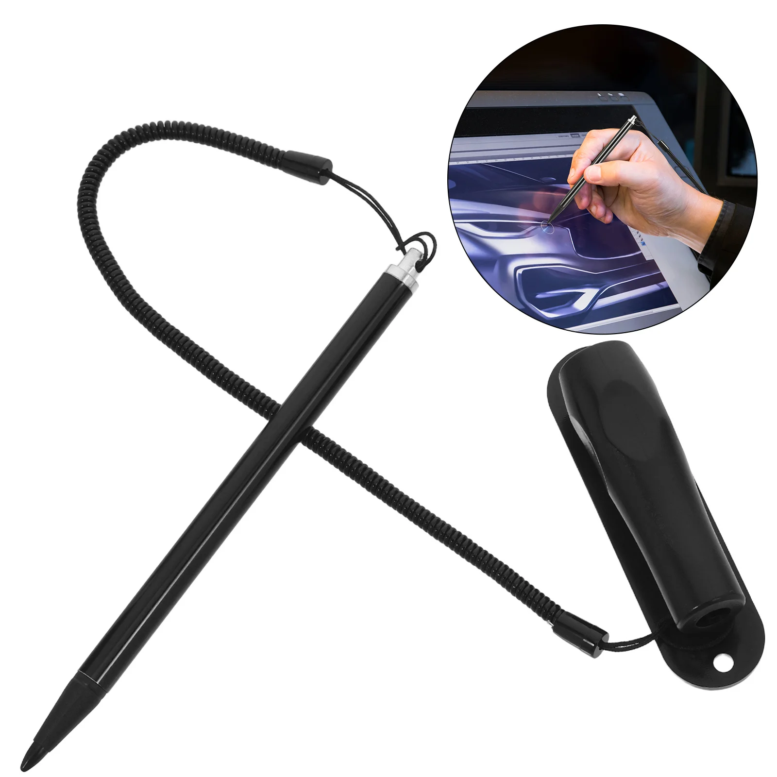 

1 шт., резистивный стилус с пружинным тросом, фиксированное основание, гладкий наконечник из АБС-пластика, защита экрана, совместимая для навигации, промышленного Pos