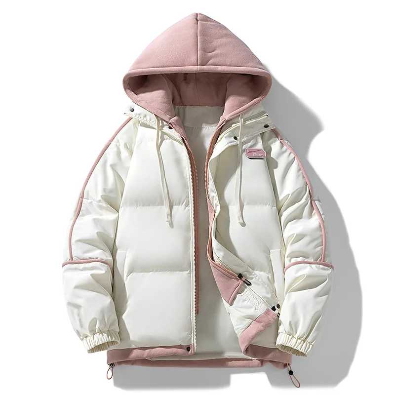 Nuevo modelo de chaqueta gruesa acolchada de algodón para mujer, conjunto de dos piezas falso para mantener el calor con capucha, top liso elegante a la moda