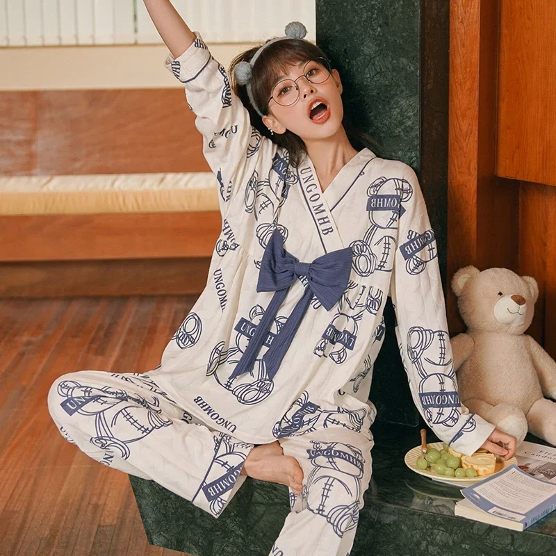 Cute Rabbit Pajamas Women Cute Kawaii Long Sleeves Long Pants Shawl Collar Autumn Winter Pyjamas Lady Sleepwear Girls Pijamas