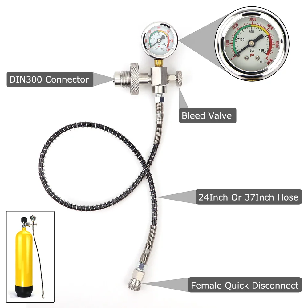 Tauchen Tauchen große Flasche auf kleine Flasche Lade adapter HP Tankstelle din300 (5/8bsp) Anschluss mit Schlauch und Messgerät 400bar