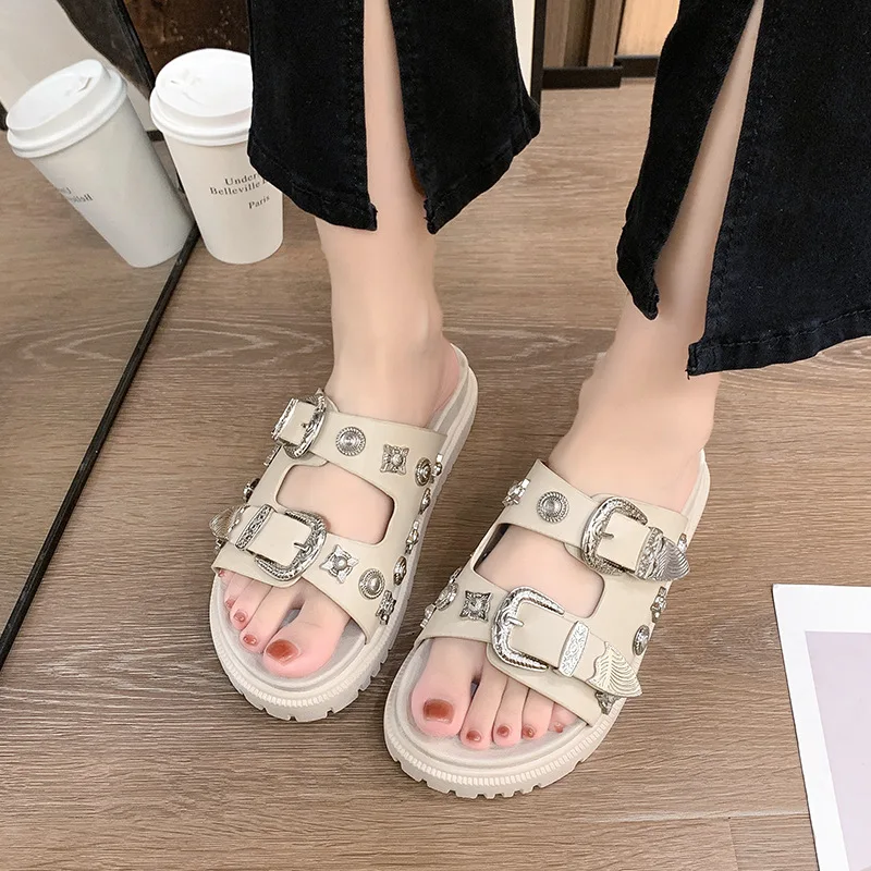 Black Sandals for Women Punk Slippers Studded Buckle Decor Open Toe Women Shoes Comfortable Platform Women Beach Shoes sandalias