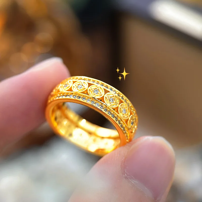 9999 Gold Five-Dragon Coin Ring - Women's Vintage Style Partially Set Coin Ancient Currency Ring for Index Finger