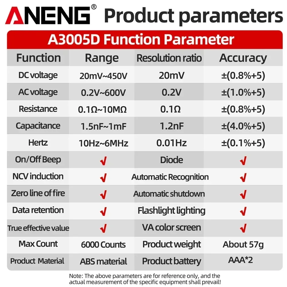 ANENG A3005D 6000 Counts Pen-type Digital Multimeter True RMS AC/DC Voltage Tester NCV Hz Ohm Professional Electrician Tools