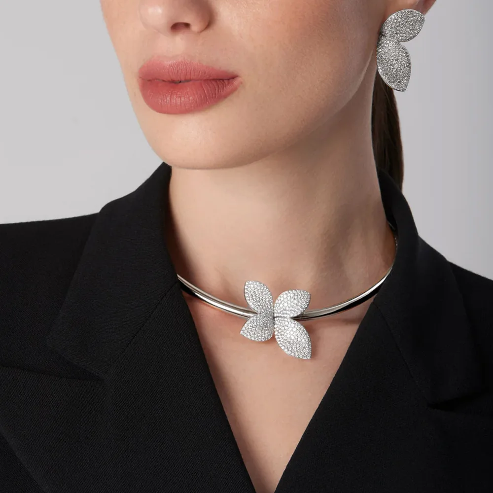 XSBODY Baroque Flower Jewelry Set Piercing Jewelry for Women Wedding Charming Gift Rhinestone Necklace Earrings Set Adjustable