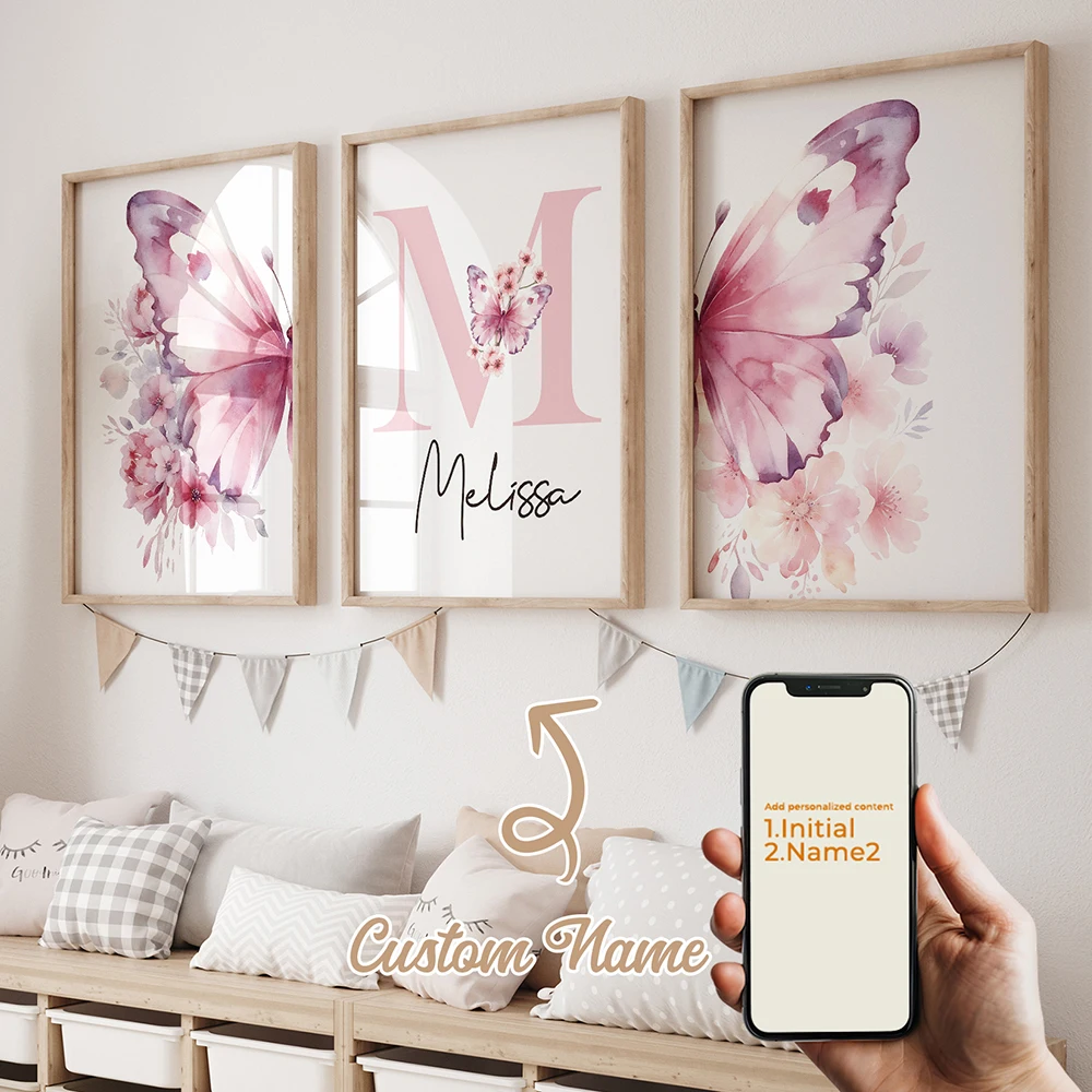 3-teiliges Personalisiertes Benutzerdefiniertes Namens-Cartoon Rosa Schmetterling Wandkunst Druck Bild Leinwand Poster Gemälde Wohnzimmer Heim-Dekoration