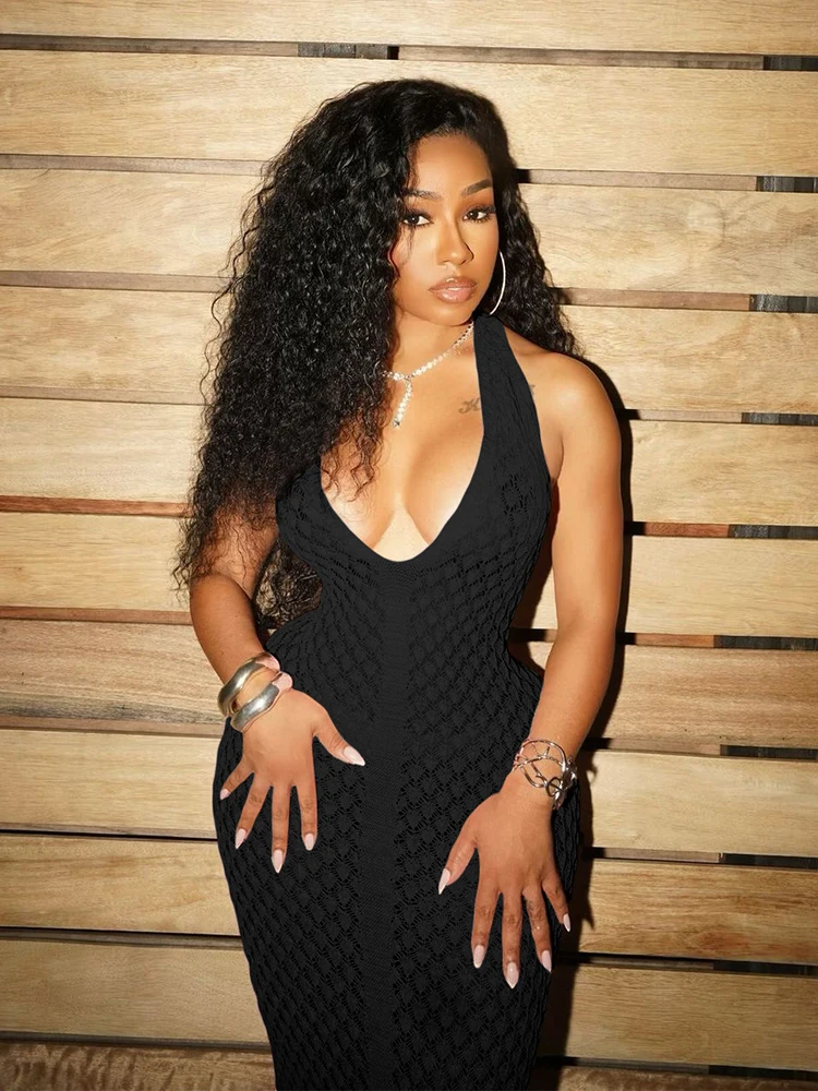 Nibber Patchwork Backless Halter Maxi Kleid Frauen Sexy Sommer Tiefem V-ausschnitt Hohl Quaste Solide Schlank Mitternacht Party Club Vestidos