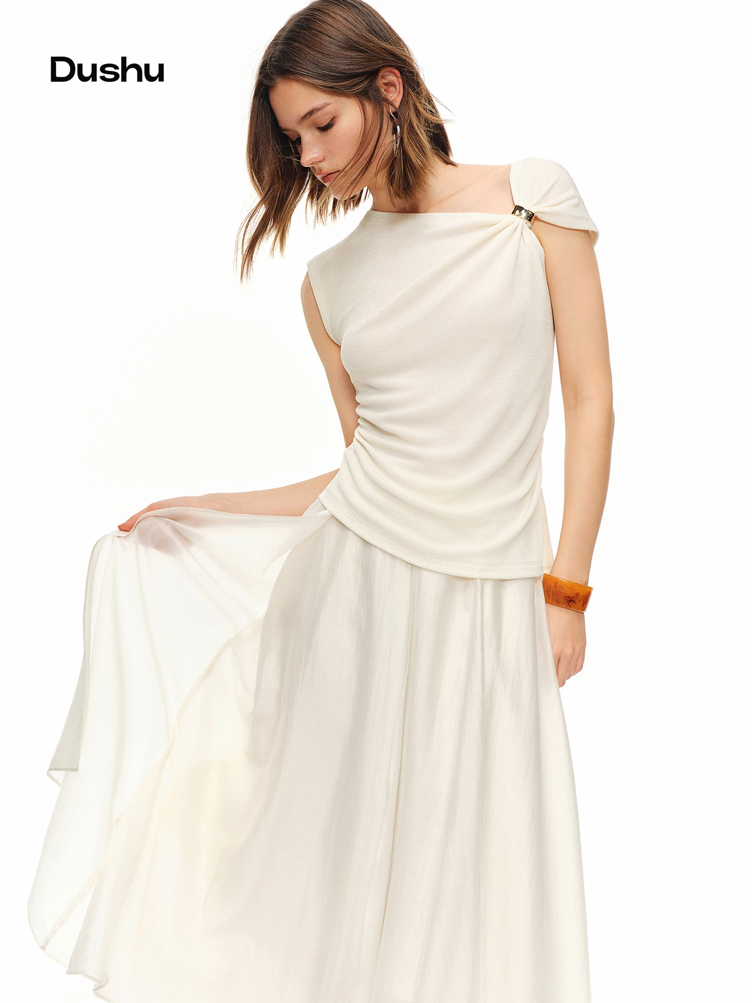 DUSHU 2026 Summer Women's Twist Knot Button Tuck Detail Blouse Waist-Defining Fit - Sophisticated Romantic for Evening