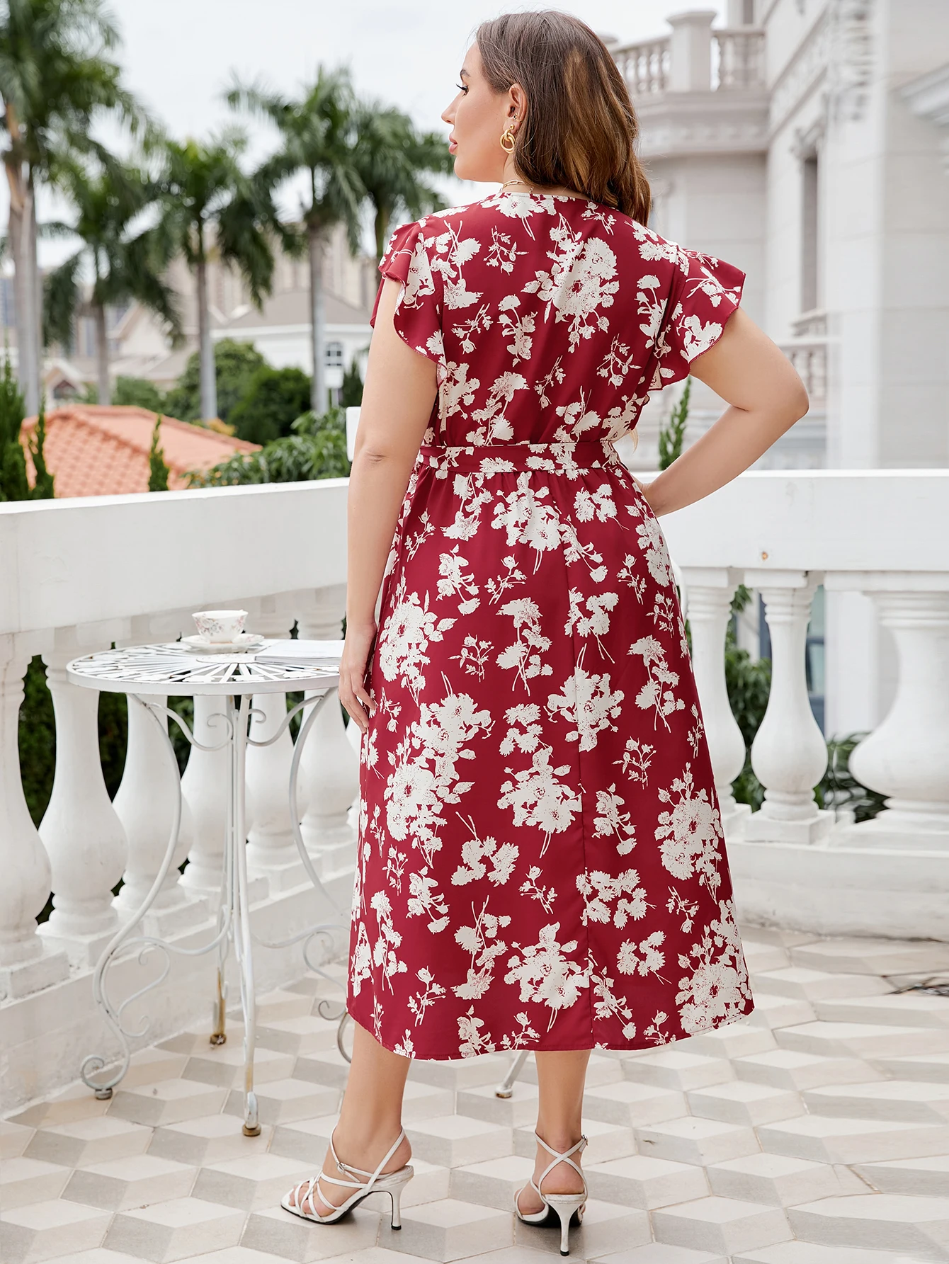 KEBY ZJ Plus Size Floral Print Butterfly Sleeve Belted Dress Women Boho Summer V Neck High Waist A-line Vacation Long Dresses