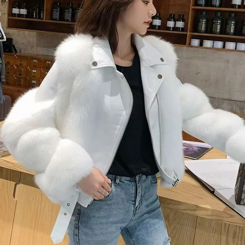 Fashionable warm short fox fur coat and sheepskin leather full fox fur motorcycle jacket luxury women\'s 2022 winter new