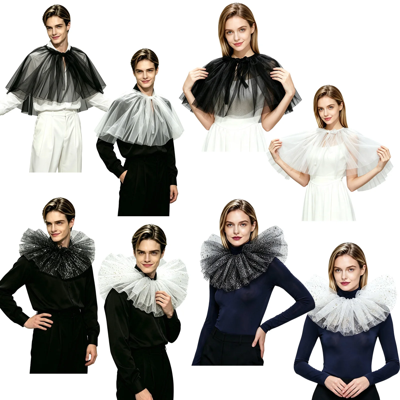 Women Adjustable Mesh Tulle Shawl Layered Ruffled Victorian-style Faux Collar for Halloween Cosplay Stage Performance Party